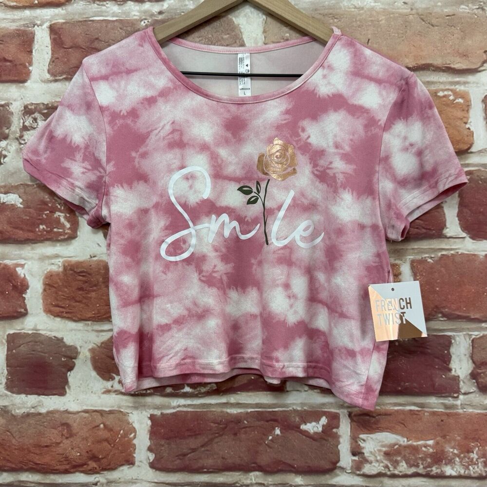 French Twist T Shirt Women's Large Pink Gold Metallic Multicolor Smile Crop Top